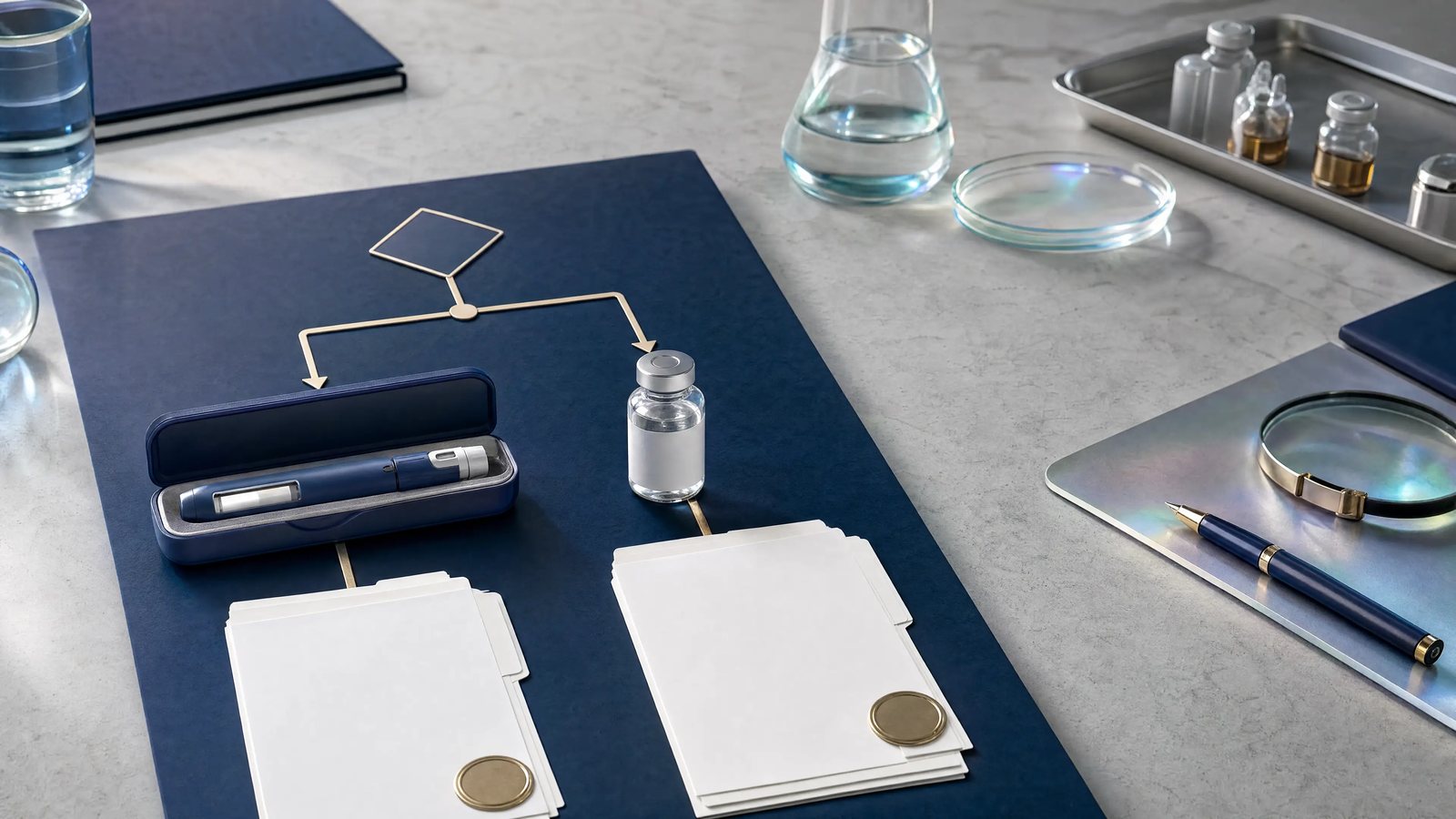 Editorial art for Verify the program, prescription pathway, product, and pharmacy separately