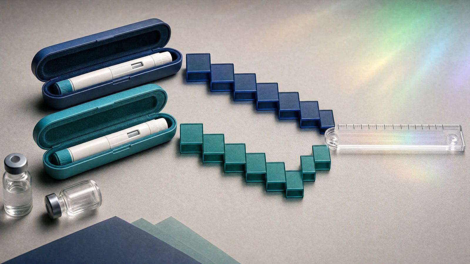 Editorial art for Zepbound vs. Wegovy without insurance: a dated self-pay comparison