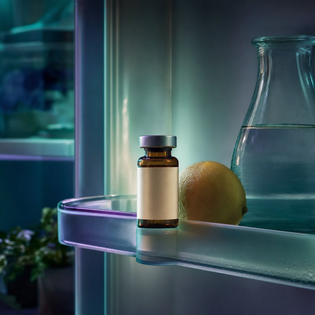 An unbranded amber vial stored inside a clean refrigerator