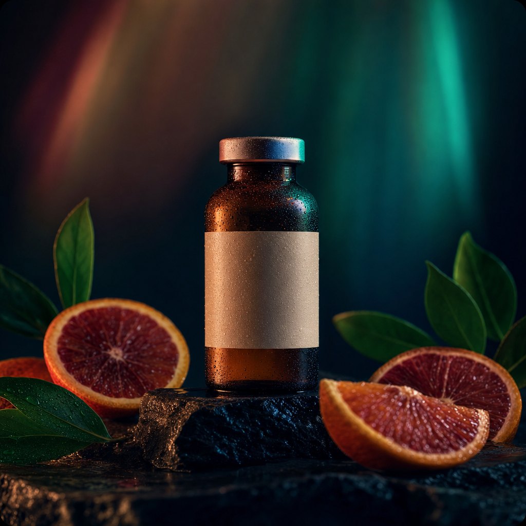 An unbranded amber bottle beside blood oranges under teal light
