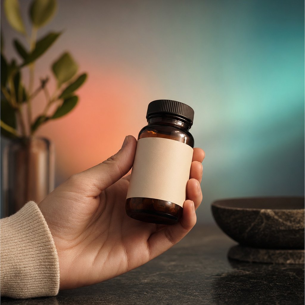 A hand holding an unbranded amber bottle