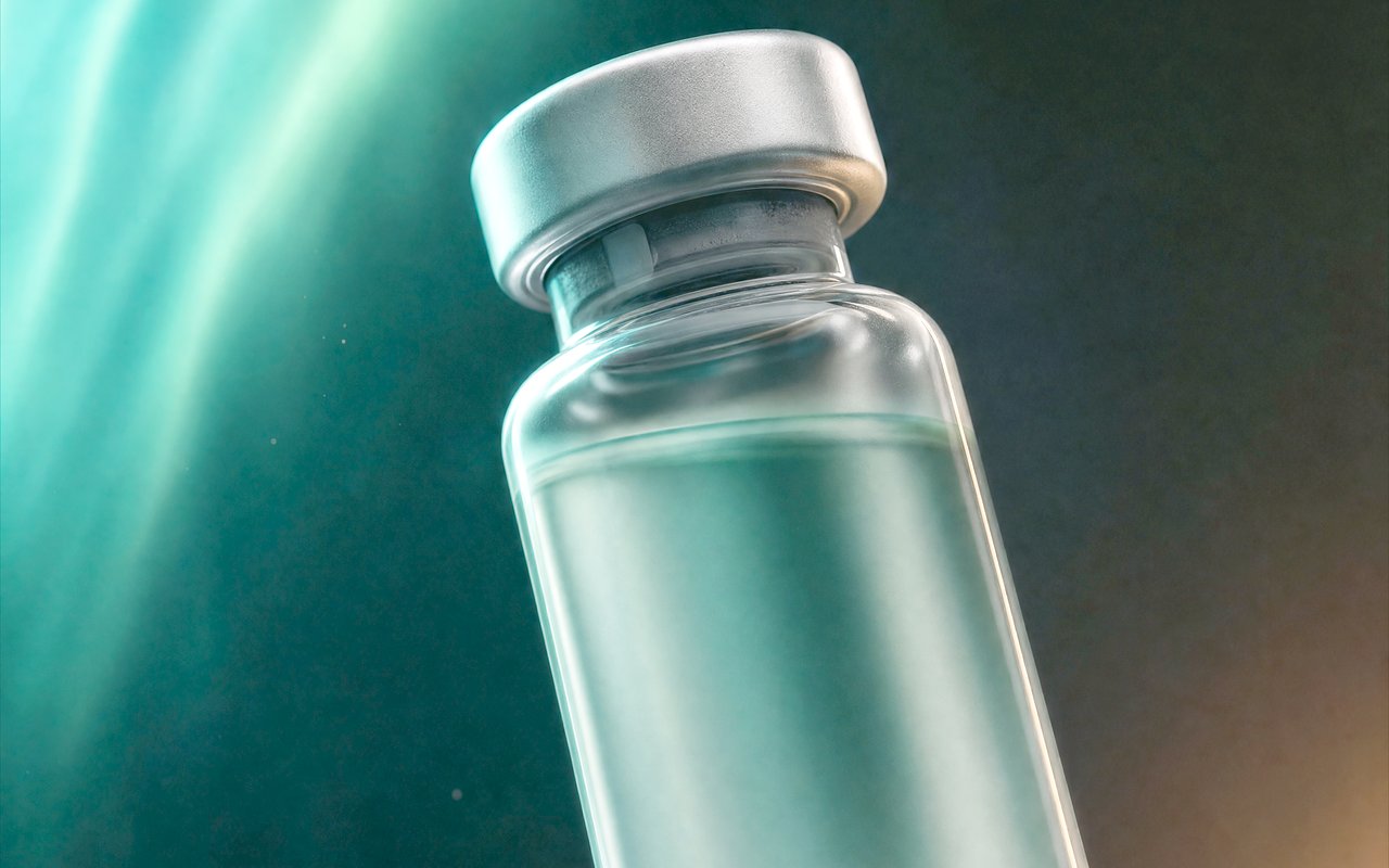 An unbranded frosted glass vial lit by a teal and emerald aurora