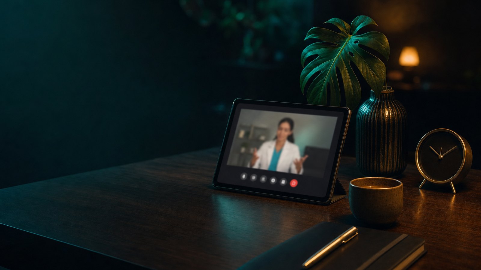 A telehealth workspace with a tablet, clock, notebook, and plant