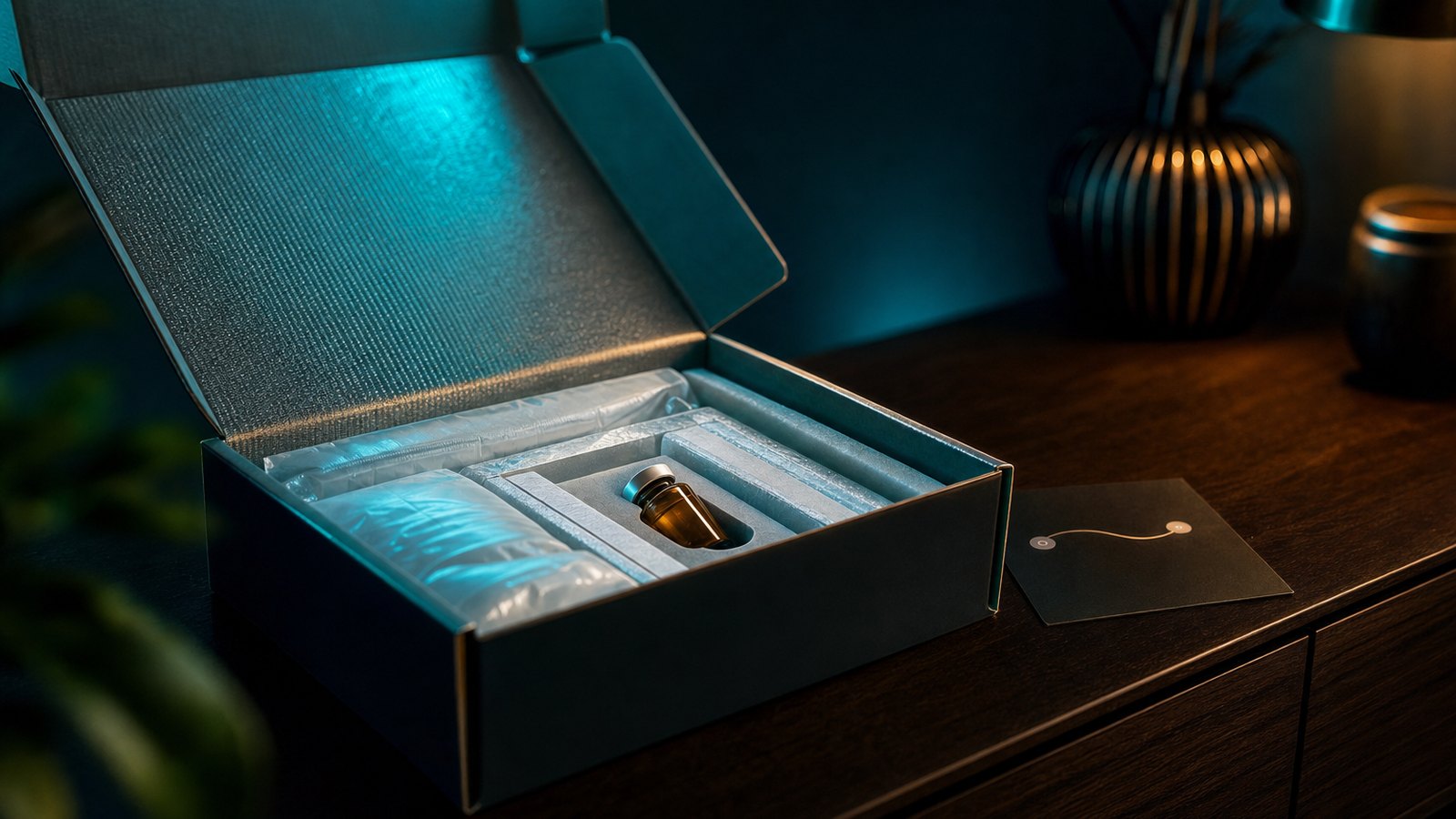 A temperature-controlled delivery kit arranged on a dark wood surface