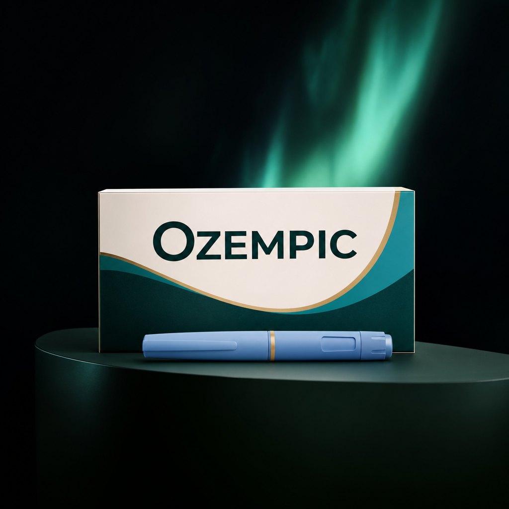 Original branded representative editorial visualization for Ozempic; not retail-package photography