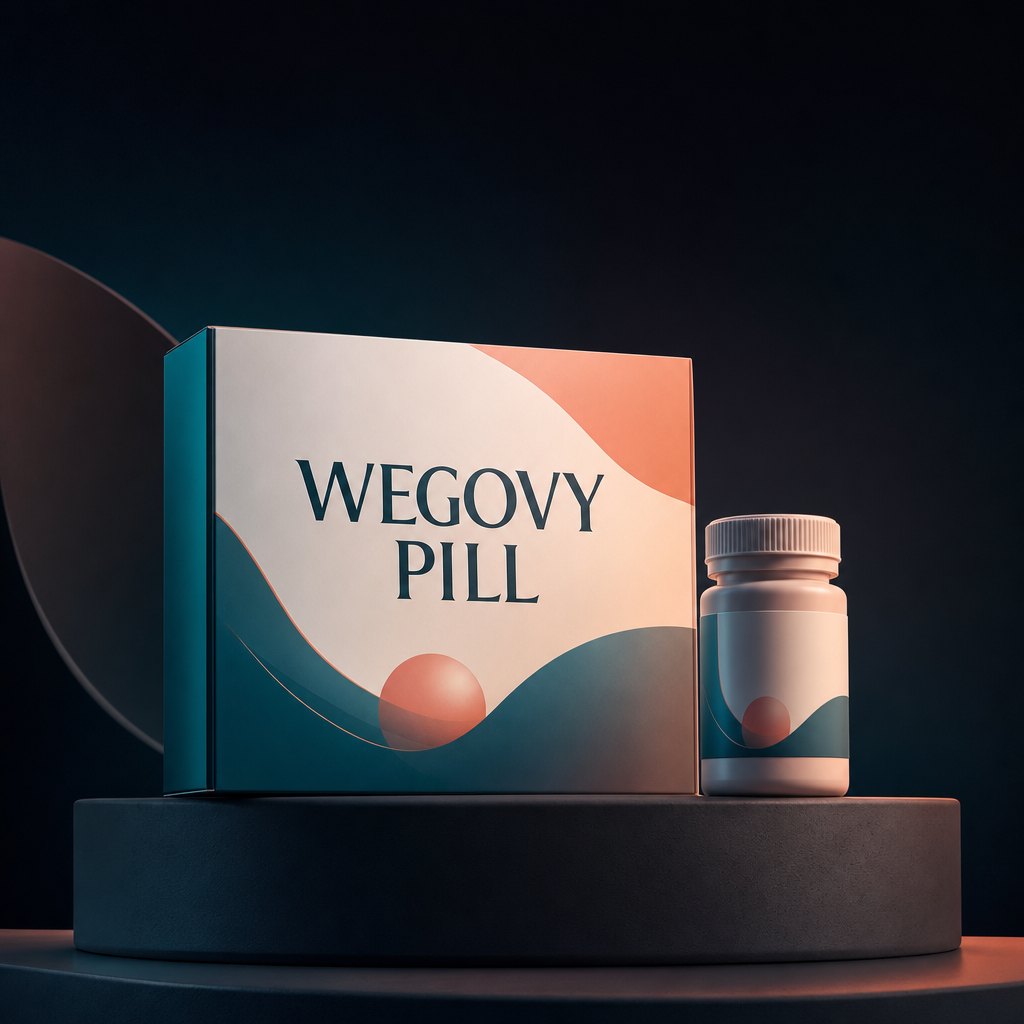 Original branded representative editorial visualization for Wegovy pill; not retail-package photography