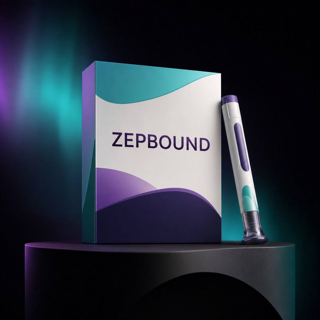An editorial Zepbound injector product render under a violet aurora